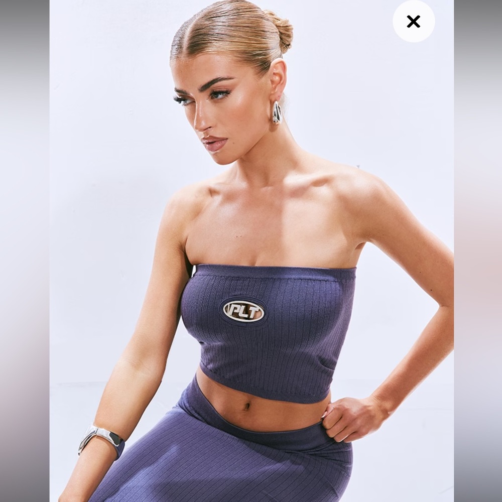 New! PRETTYLITTLETHING Steel Blue Badge Washed Snatched Rib Tube Top AND skirt